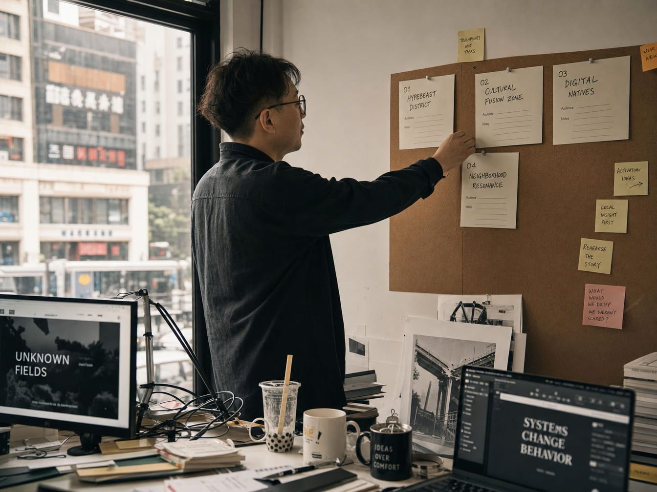 A senior creative director pinning a printed territory card onto a corkboard already showing three other territory cards.