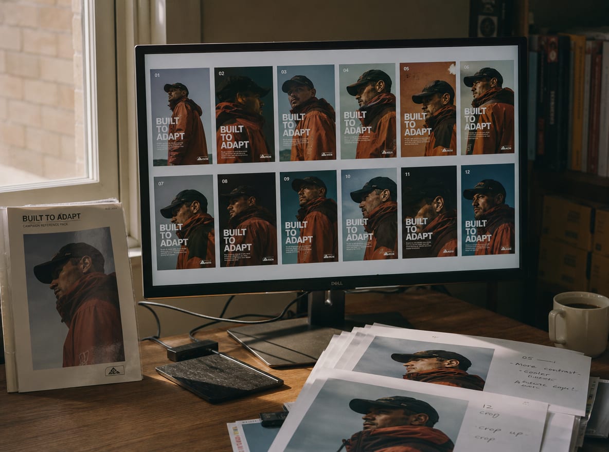 A monitor showing a grid of twelve AI-explored variations of the same campaign key visual, beside a printed reference pack and test prints.