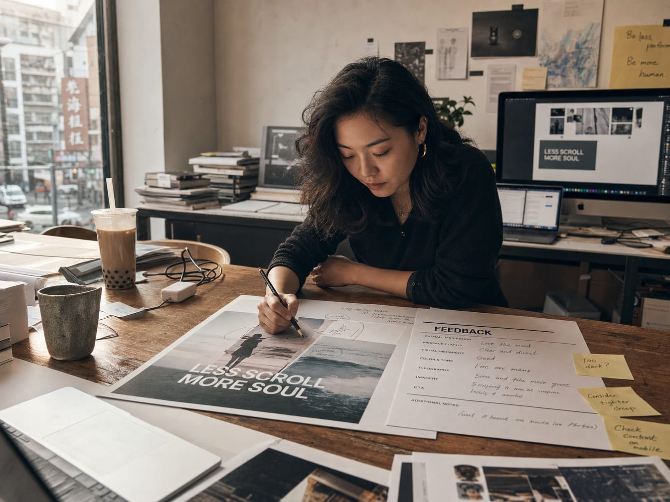 A creative director annotating a printed key visual with a graphite pencil, the print on a warm oak worktable beside a feedback sheet.