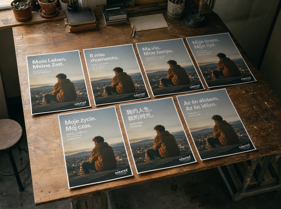 A worktable laid out with the same key visual adapted into seven market variants, different headlines and languages, central image consistent.