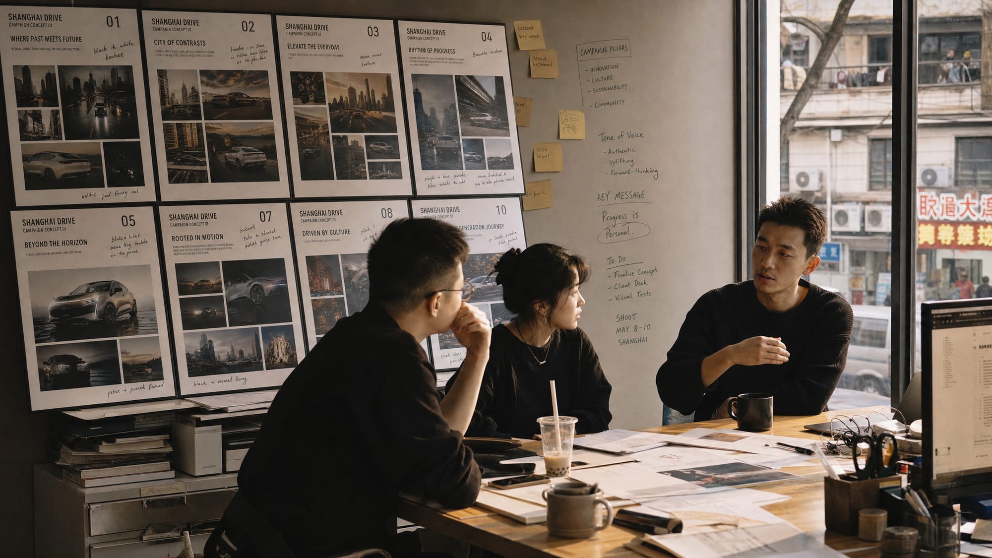 A Paris strategy boardroom in late afternoon, ten campaign concept boards leaned against the wall, three people mid-discussion at the table.