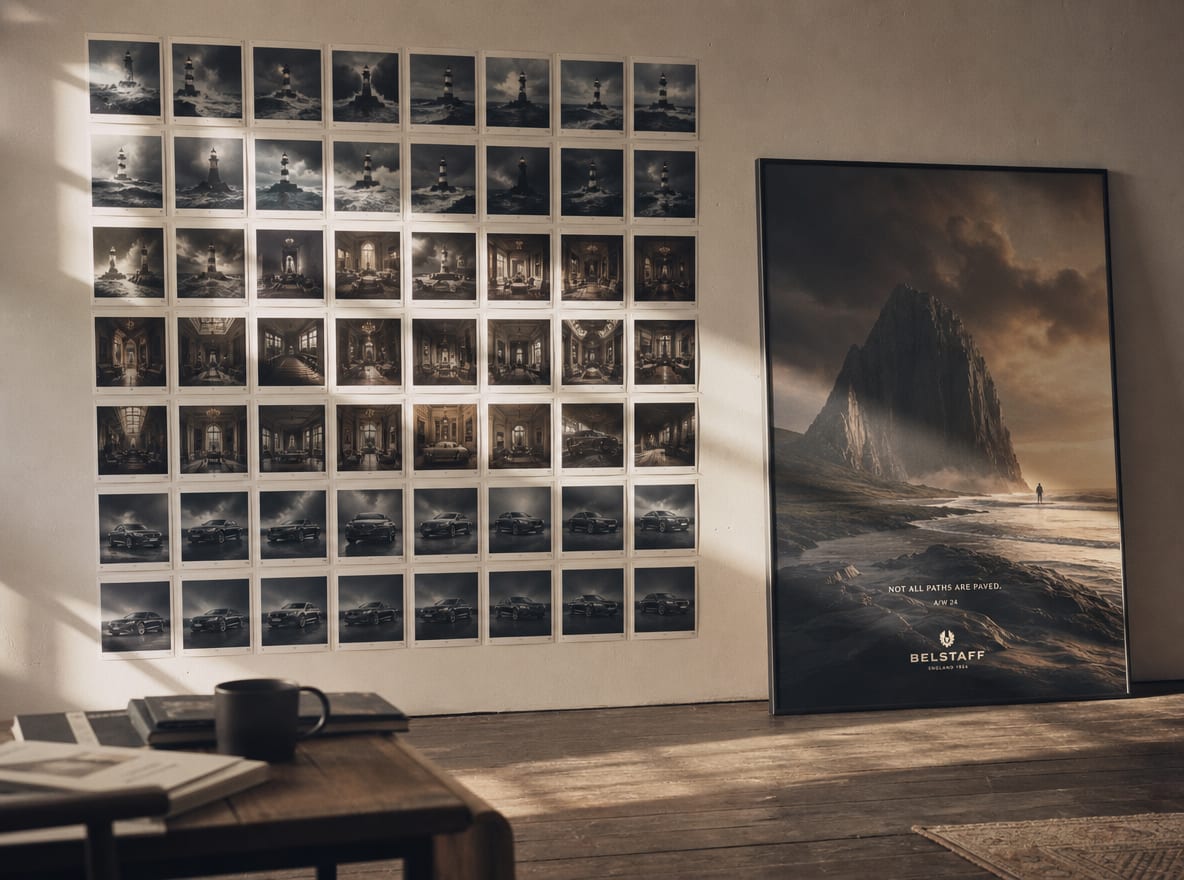 A studio wall covered with a contact-sheet print-out of forty-eight near-identical AI-generated images, beside a single authored campaign key visual that clearly breaks the pattern.