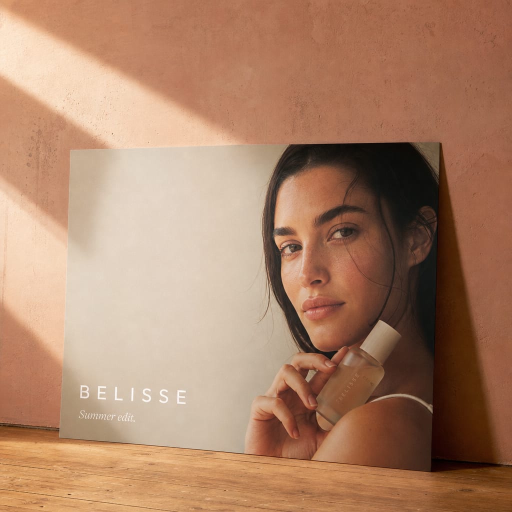 A printed Belisse beauty seasonal campaign visual against a peach plaster wall, three-quarter portrait with negative space for the wordmark.