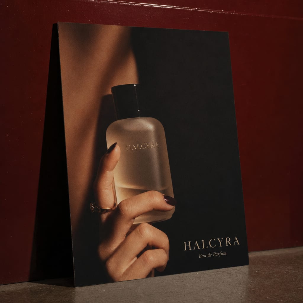 A printed Halcyra fragrance campaign visual against a burgundy lacquered wall, close-up of a frosted glass bottle held in shadow.