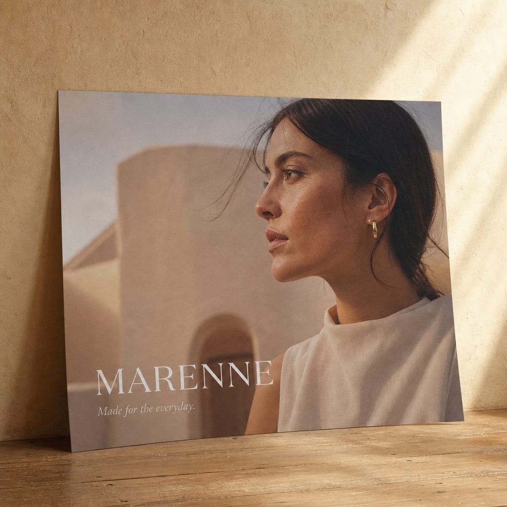 A printed Marenne campaign key visual leaned against a sand plaster wall, tight profile portrait with the wordmark set in a modern serif.