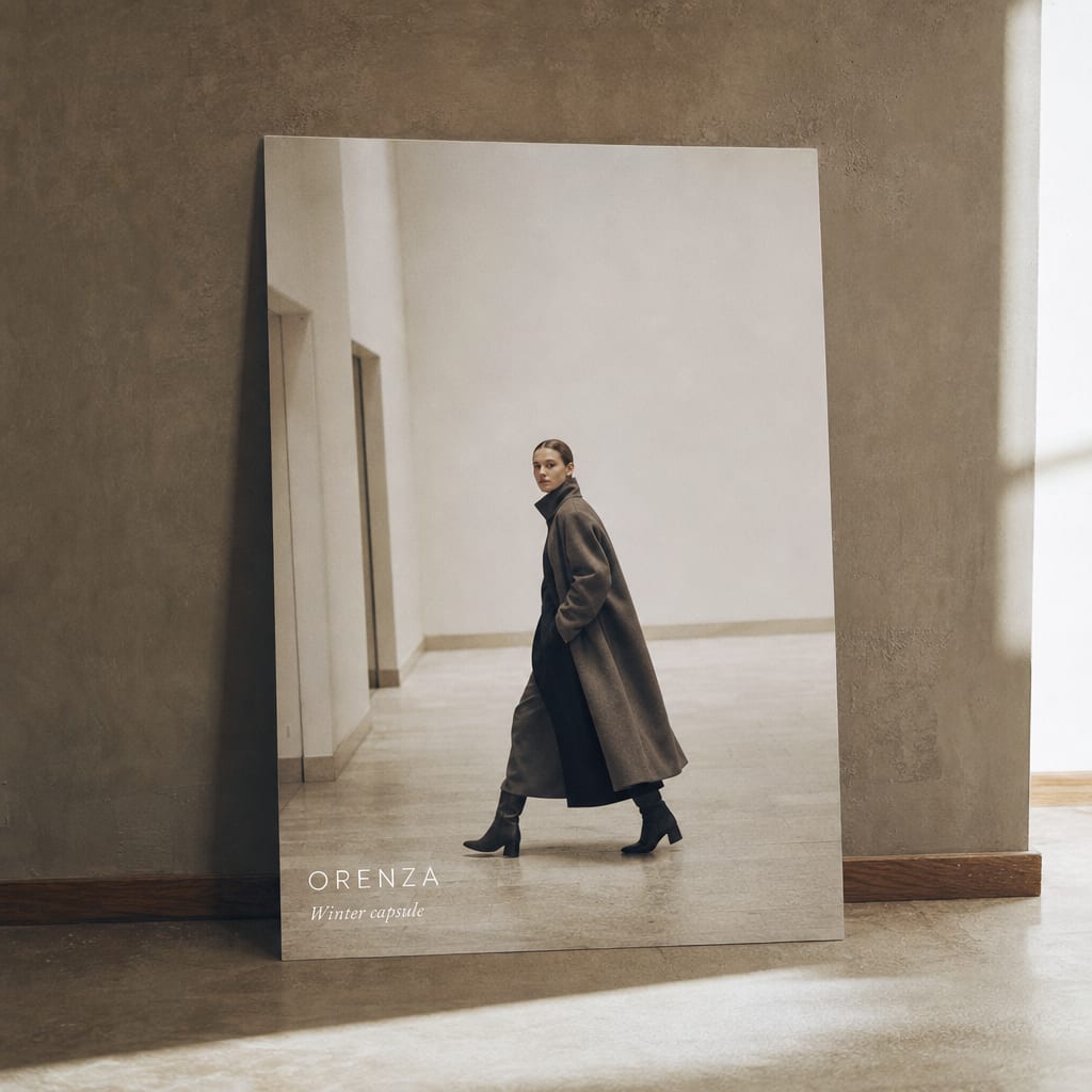 A printed Orenza fashion lookbook visual against a warm grey wall, full-length editorial of a model in a structured wool coat.