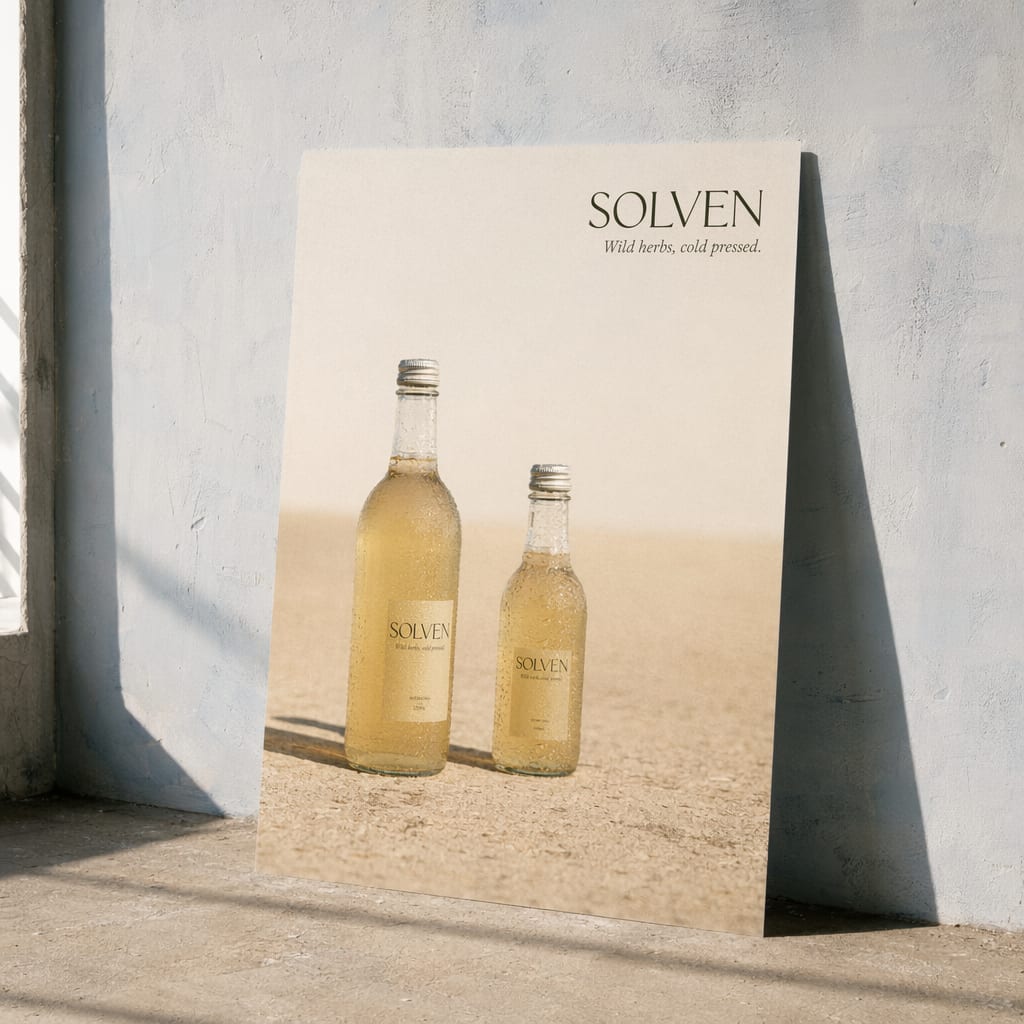 A printed Solven beverage campaign visual against chalky daylight, two bottles of pale herbal drink on a sand-toned table.
