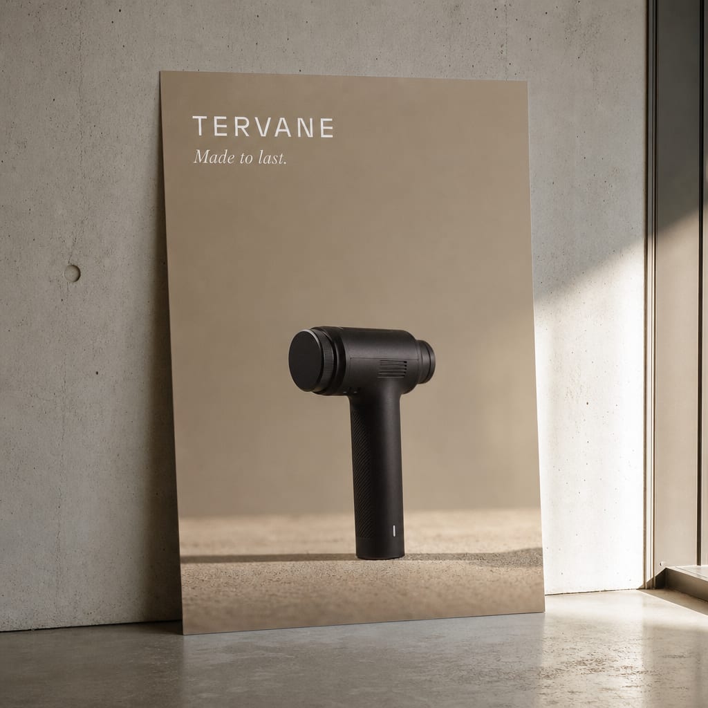 A printed Tervane consumer tech campaign visual against pale concrete, single matte-black device on sand surface with the wordmark in modern sans.