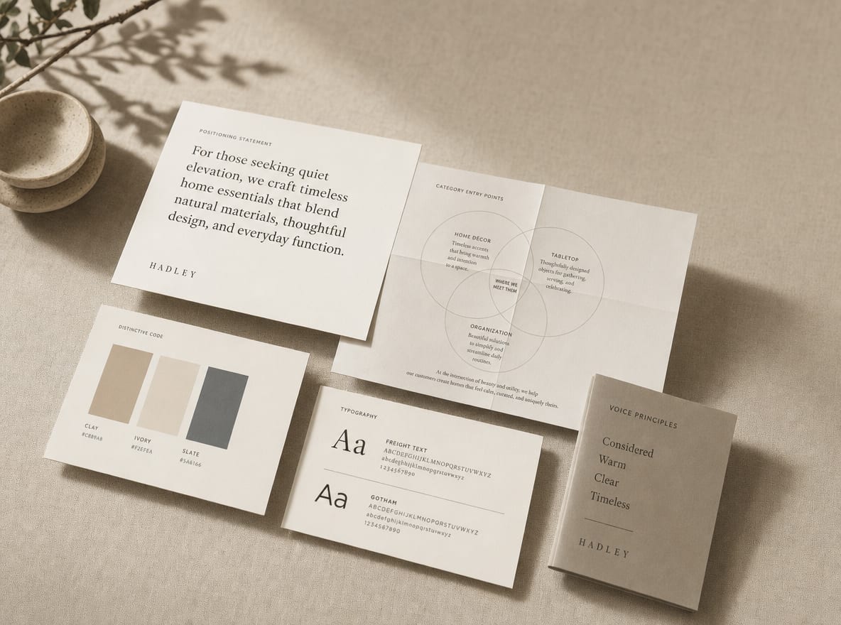A studio still life of strategic foundation artifacts: positioning statement card, distinctive code swatches, voice principles printed flat.