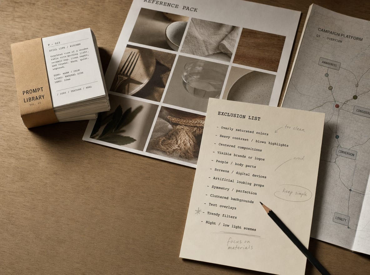 A printed prompt library, a reference pack and an exclusion list spread across a warm worktable beside a typography card.