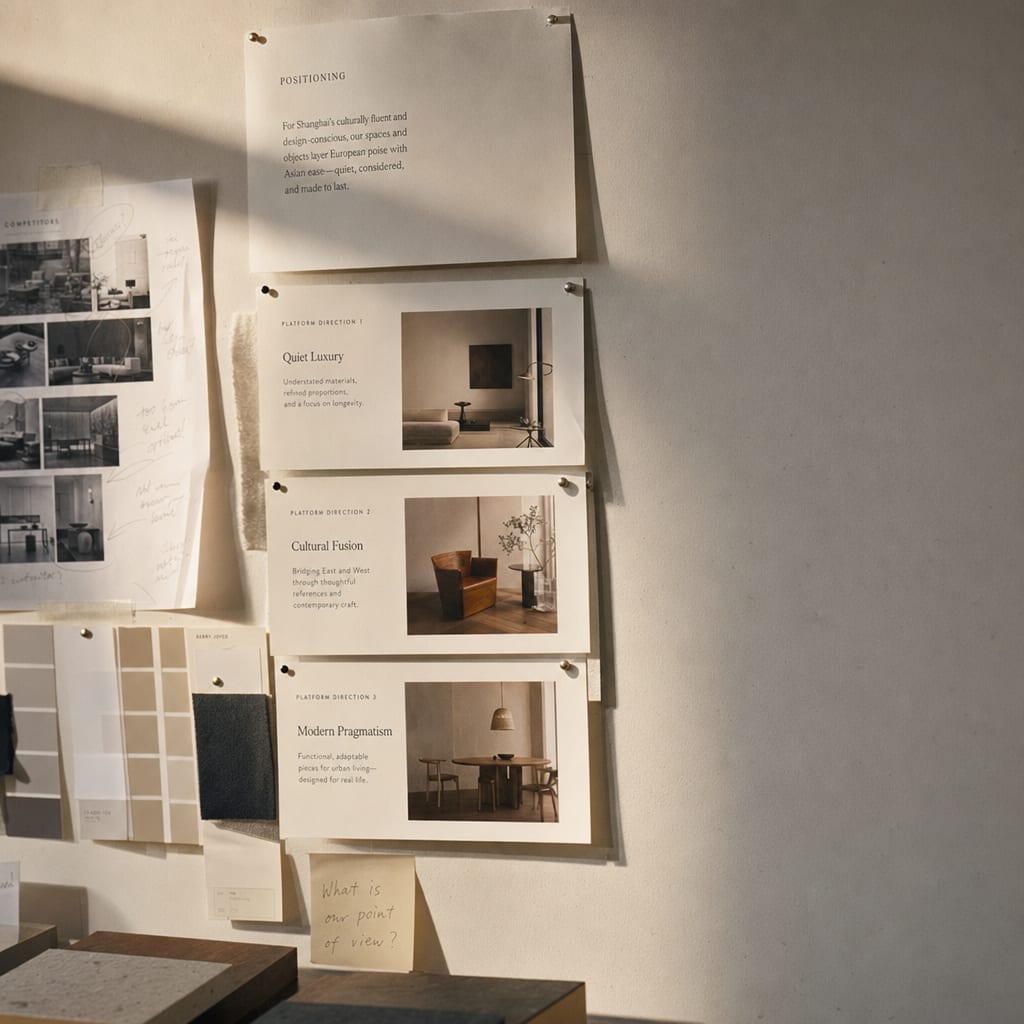A strategy wall in a Shanghai studio pinned with a printed positioning statement.