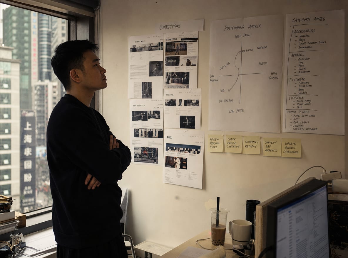 A workshop wall covered in printed competitor pages, a positioning matrix marked up in pencil and a column of category notes.