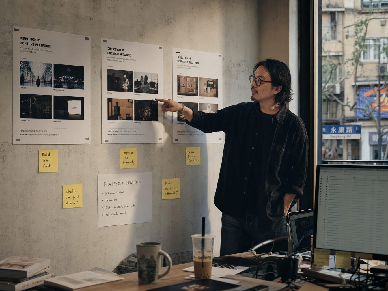 A strategist presenting three platform direction boards pinned to a plaster wall, hand pointing at one route.