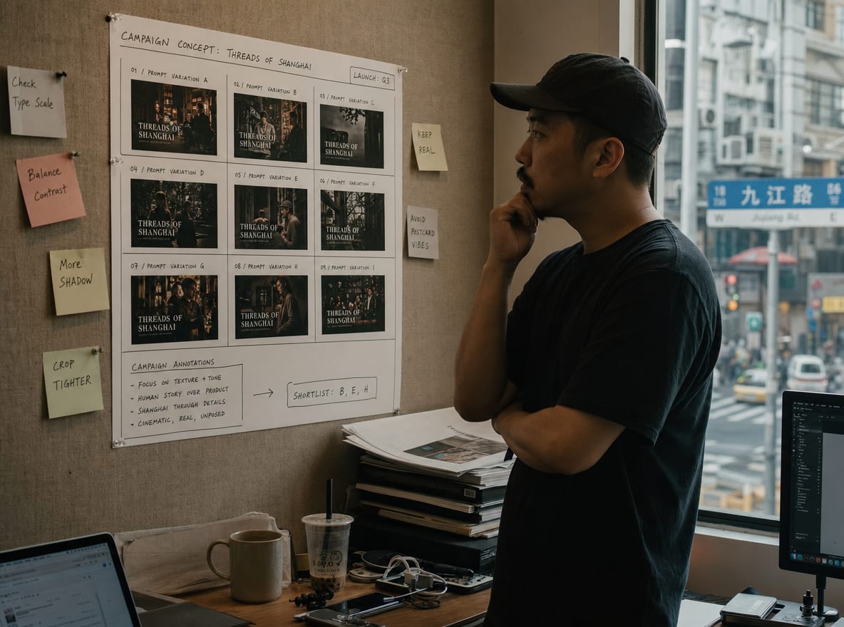 A contact-sheet grid of nine prompt variations on one campaign concept printed and pinned across a fabric board.