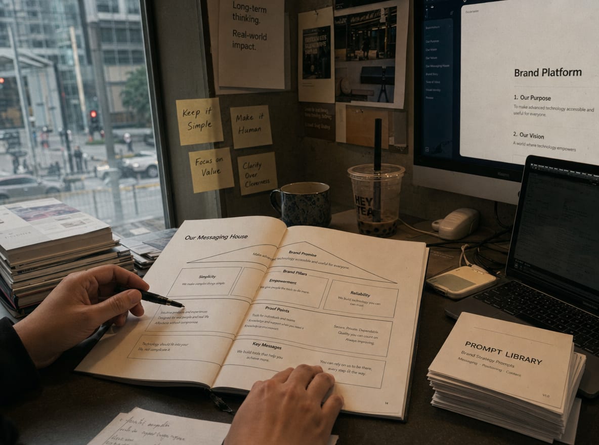 A printed brand platform book open at the messaging house spread, beside a stack of prompt library cards on a worktable.