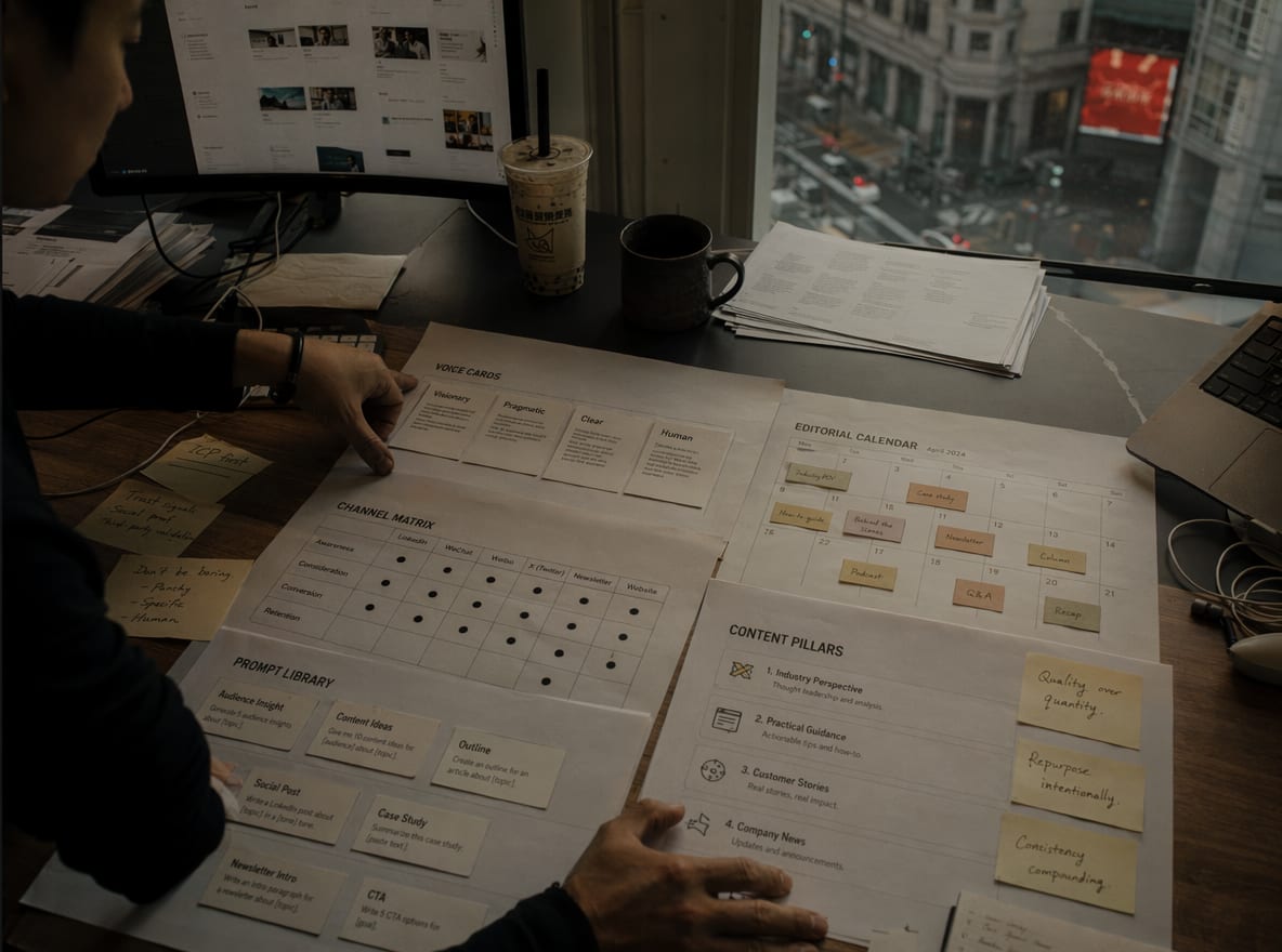 A flat-lay of strategy rollout assets: voice cards, channel matrix, editorial calendar, prompt library cards and a content pillars sheet.