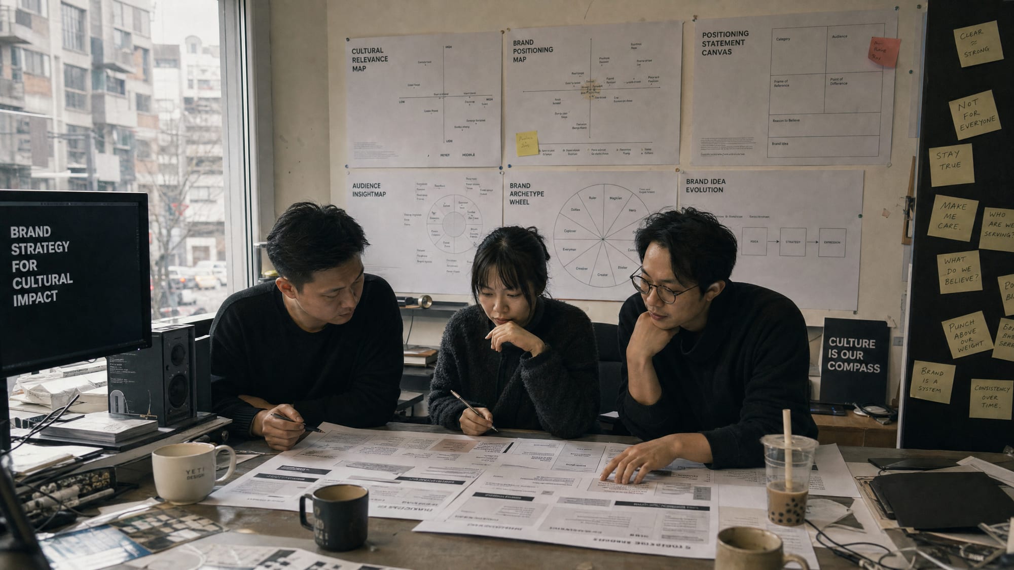 A wide view of a Shanghai strategy room: three strategists at a long table, a wall of pinned positioning maps and a printed prompt library spread out.