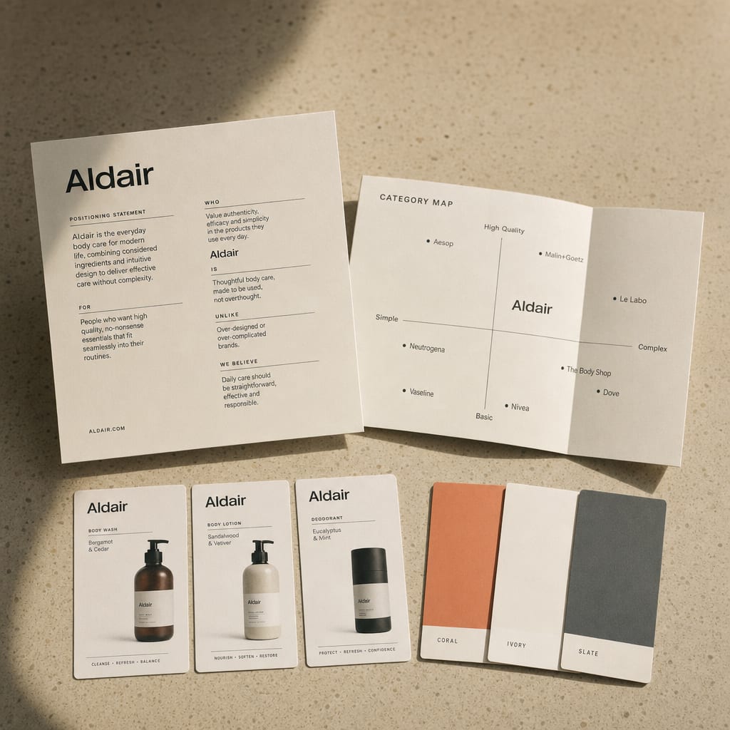 A printed Aldair positioning statement card with a category map and three colour chips, on a warm worktable.