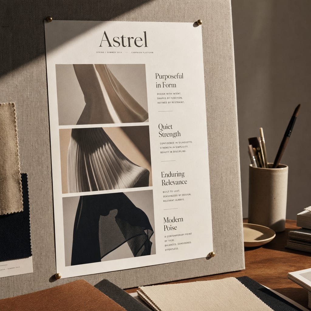 A printed Astrel campaign platform board with key visual frames and territory headlines, leaned against a plaster wall.