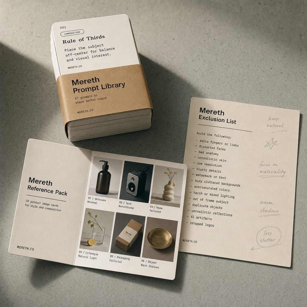 A printed Mereth prompt library card stack with a labelled reference pack and exclusion list, on a studio table.