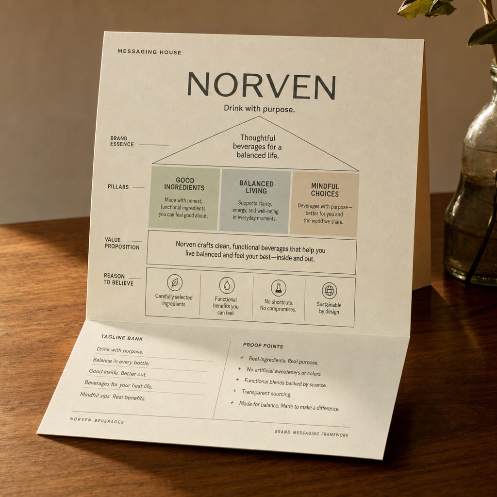 A folded Norven messaging house diagram, value props, proof points and a tagline bank, photographed flat.