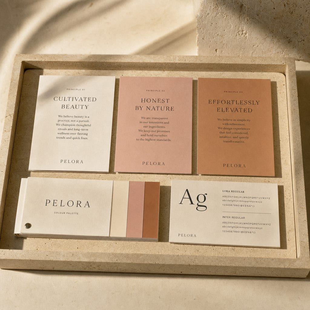 Three Pelora voice-principle cards beside printed colour swatches and a typography specimen, on a sand stoneware tray.