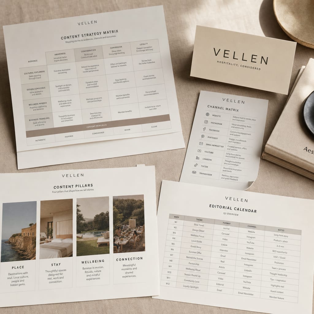 A Vellen content strategy spread on a worktable, channel matrix, content pillars and editorial calendar laid out.