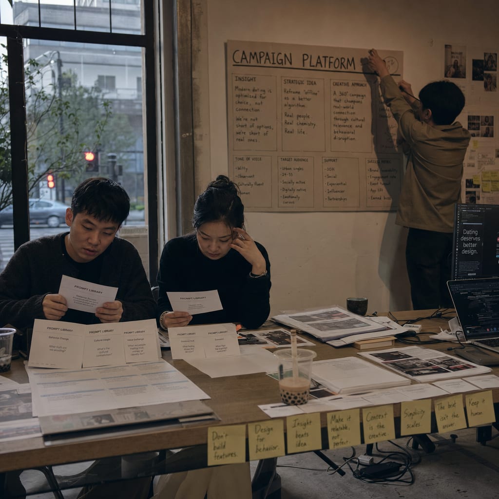 A strategy room where senior leads map out an AIGC studio build on a printed wall plan.