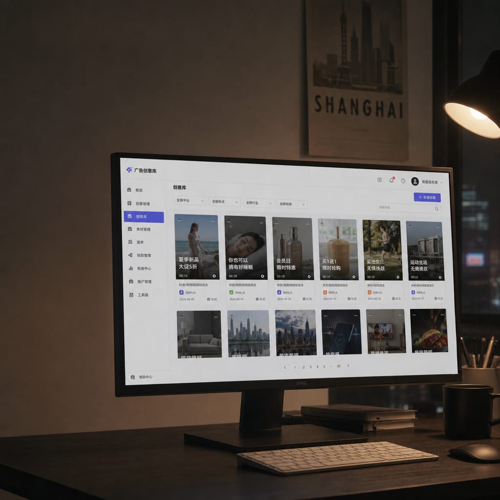 A wide monitor showing the Ocean Engine creative library, a grid of vertical In-Feed and TopView ad cuts lined up in the placement preview panel.