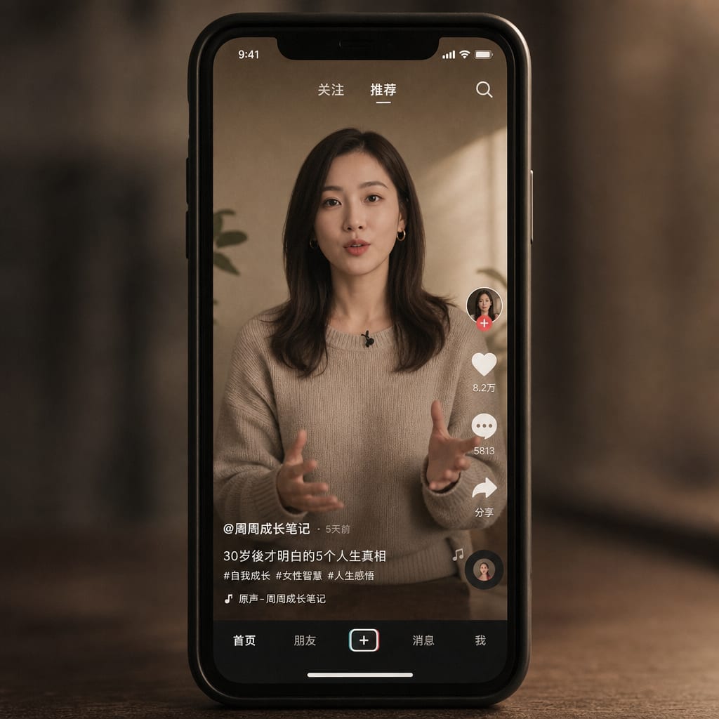 A phone screen showing a vertical Douyin video of a digital host presenting to camera, captions and the For You icon rail visible in the interface.