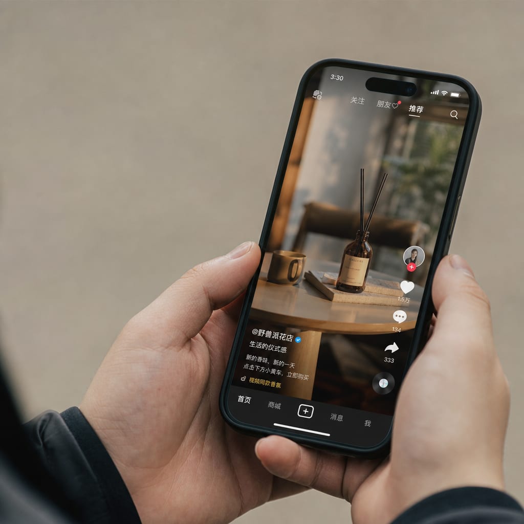 A phone held in both hands, the screen filled with the vertical Douyin For You feed, the right-side icon rail of profile photo, heart, comment and share visible alongside the spinning circular music disc.