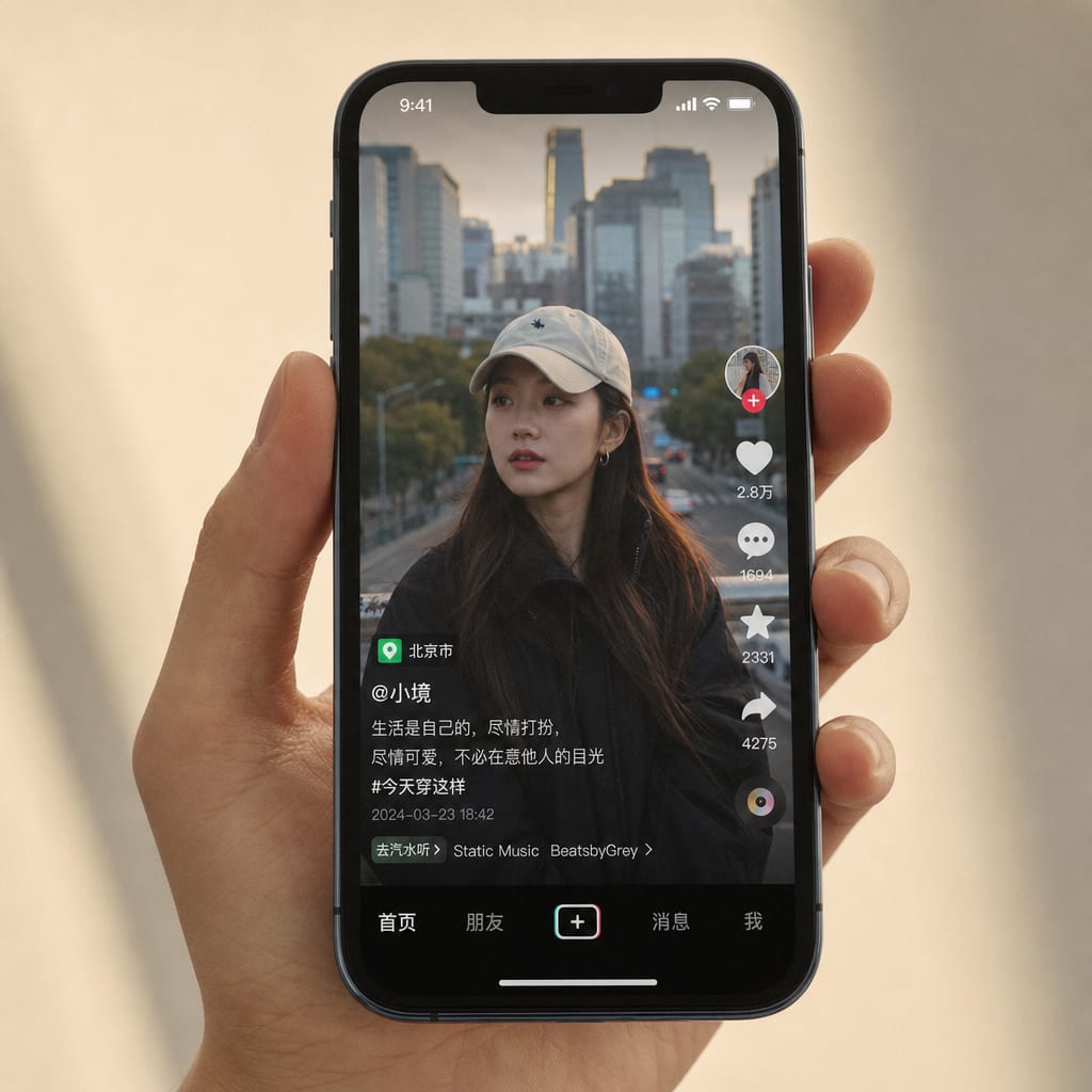 A close cinematic detail of a hand holding a phone vertically against a soft cream background, the screen filled with a vertical Douyin video including the right-side icon rail and bottom navigation of the For You interface.