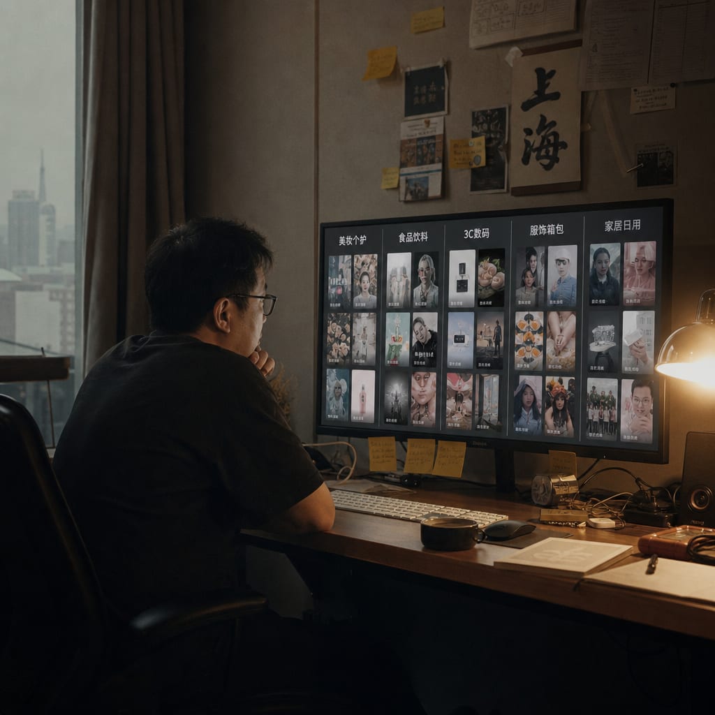A Chinese producer at a wide reference monitor in a Shanghai studio showing the Ocean Engine creative library, five columns of vertical Douyin cuts tagged Content, Ads, UGC, Live and Avatar.