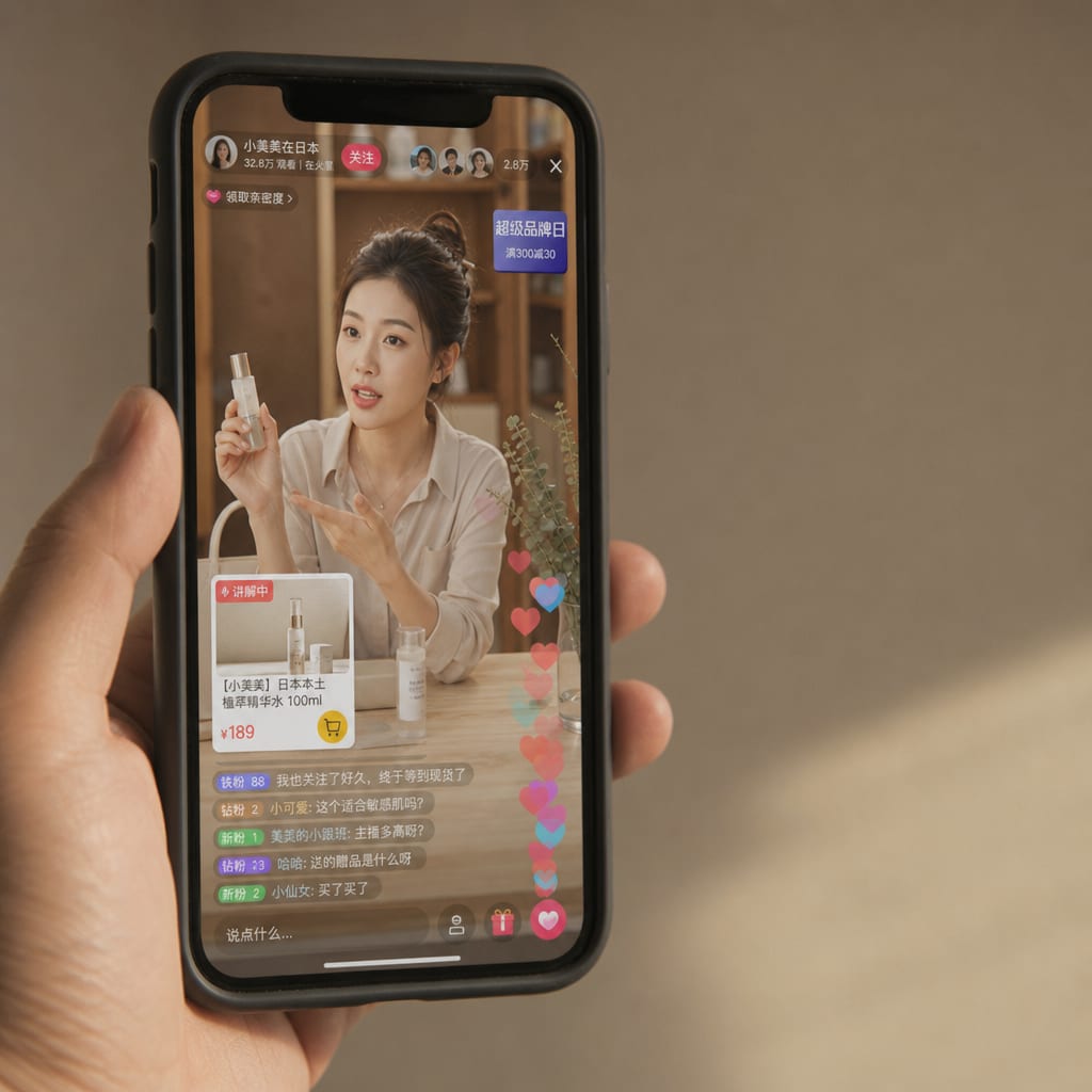 A phone screen showing a Douyin Shop livestream, floating heart animations rising up the frame and a product card pinned in the lower corner with a shopping cart icon.