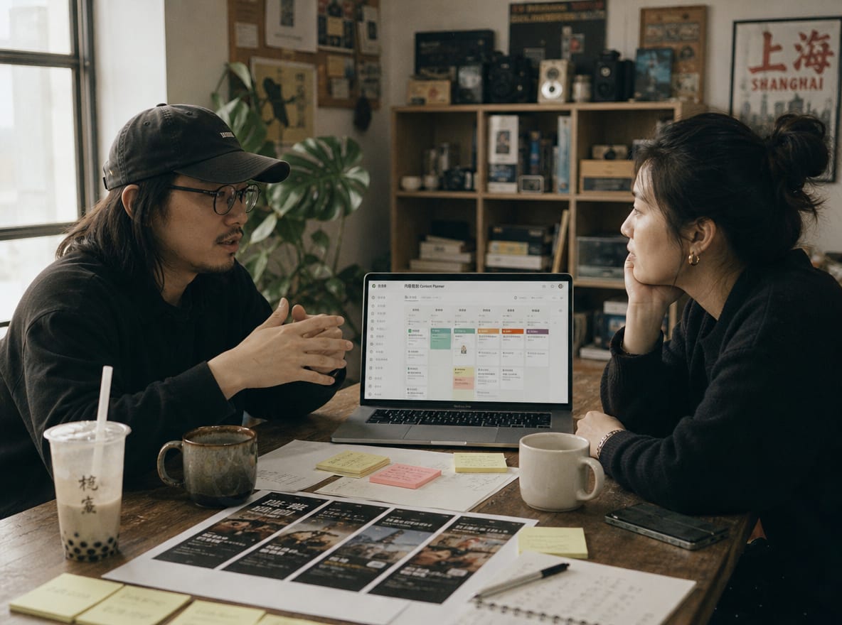 A creative director and a brand lead at a studio table in a lived-in Shanghai office, tea mugs and sticky notes around a laptop showing the Ocean Engine planner beside printed Douyin For You feed screenshots.
