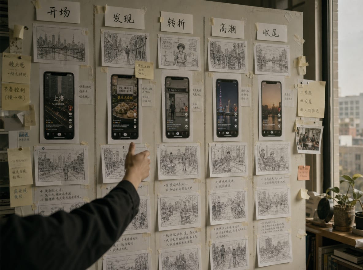 A storyboard wall in a Shanghai studio with five columns of frame sketches labeled Content, Ads, UGC, Live and Avatar, each column anchored by a printed phone mock of the vertical Douyin feed.