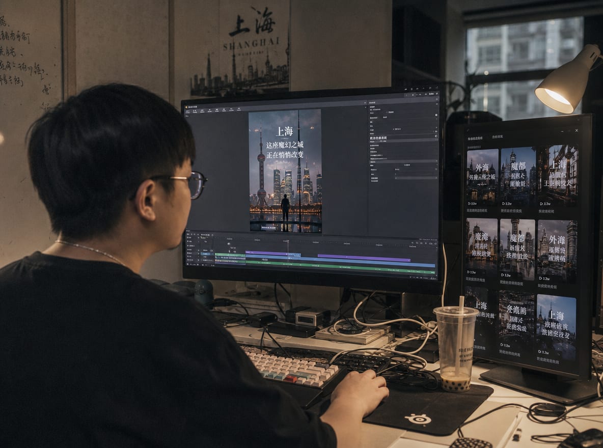 A Chinese motion designer at a calibrated workstation in a cluttered Shanghai studio, the main monitor showing a single vertical Douyin video frame, the side panel showing the Ocean Engine creative library grid of cuts.
