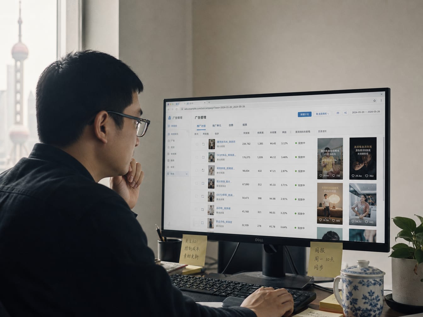 A Chinese media buyer at a daylit studio desk in Shanghai, the calibrated monitor showing the Ocean Engine campaign dashboard with In-Feed and TopView placements live.