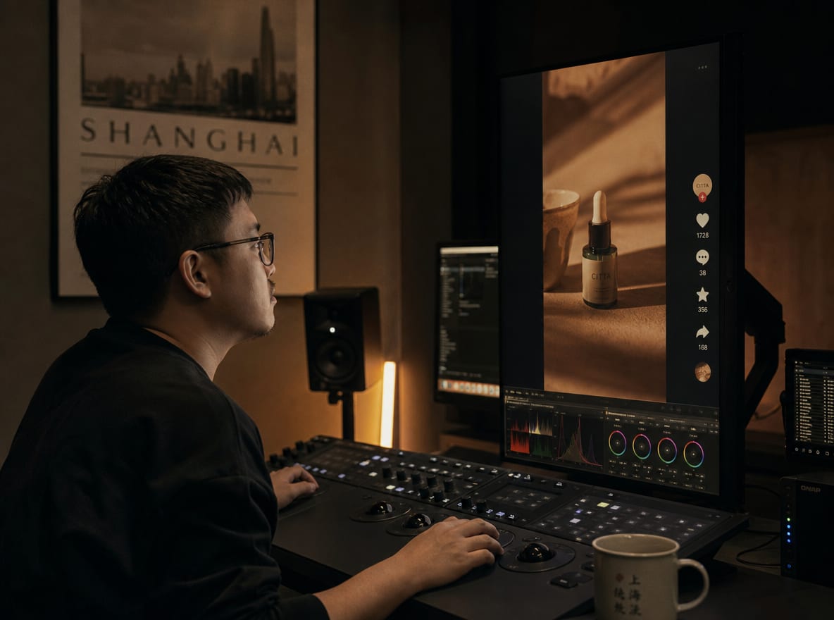 A Chinese colorist at a calibrated grading suite in a Shanghai studio, the reference monitor showing a warm vertical Douyin video frame paused on a product still, the For You icon rail visible at the screen edge.