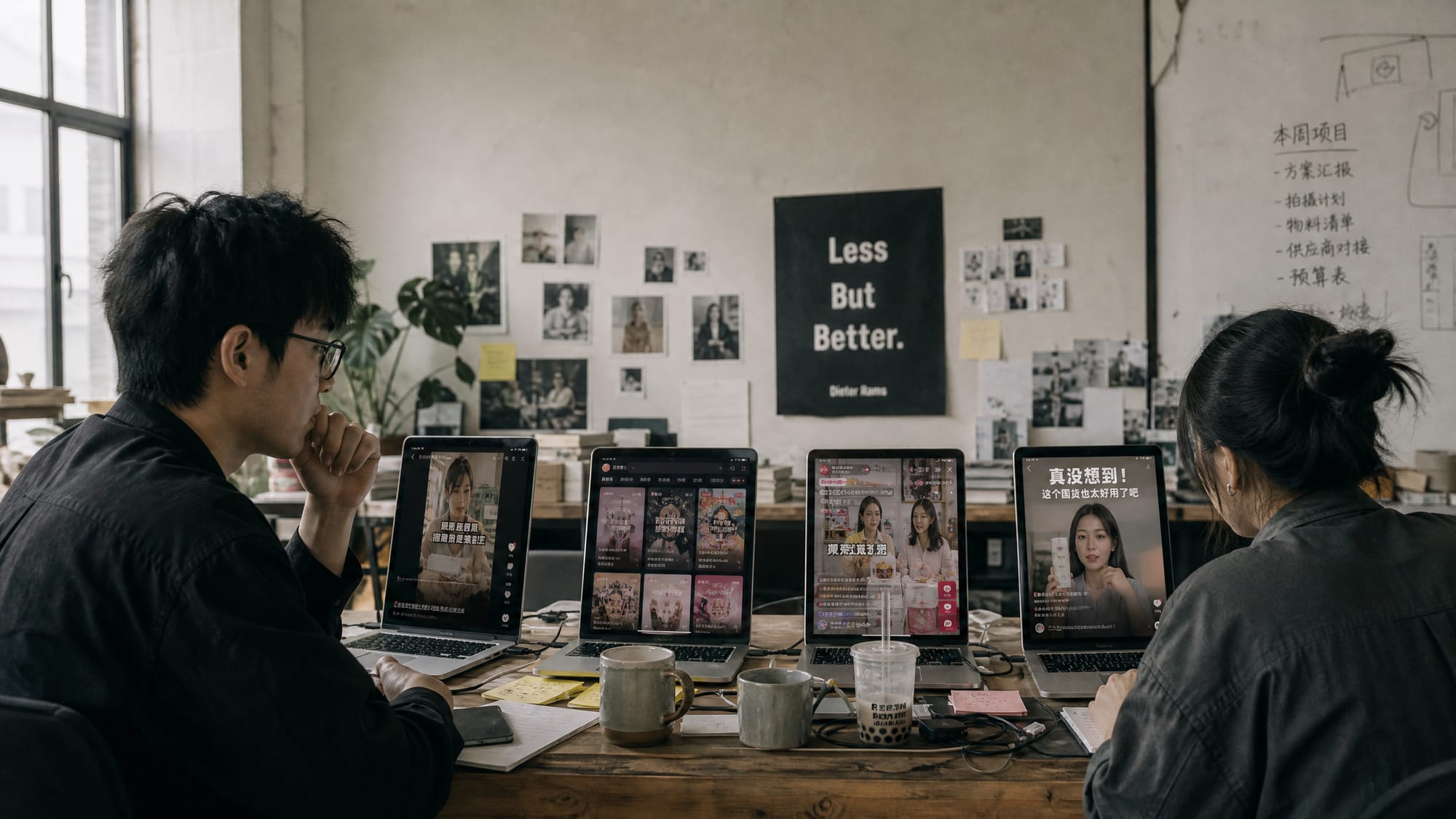 A wide editorial shot of two Chinese designers at a daylit table in a lived-in Shanghai studio, four laptop screens lined up showing the Douyin For You feed, the Ocean Engine creative library, a Douyin Shop livestream and a KOC review video, one per service lane.