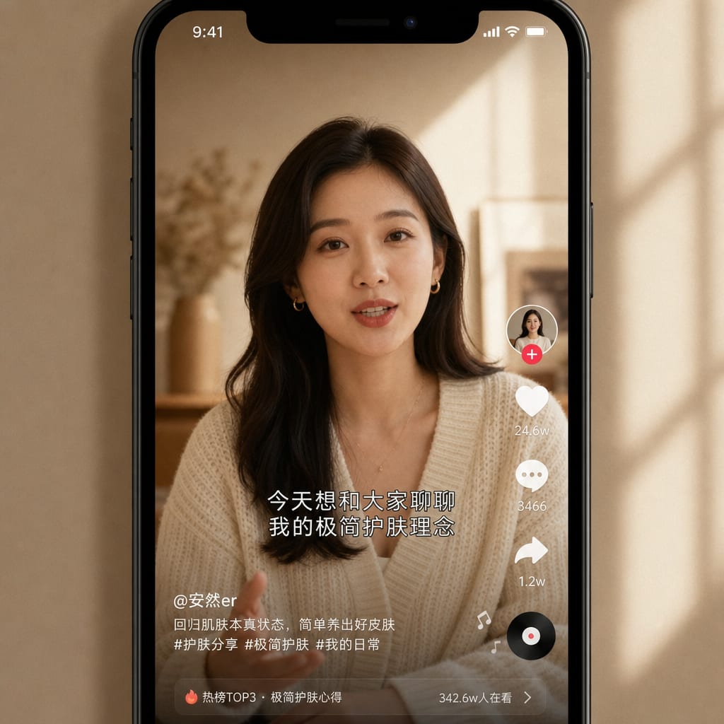 A phone screen showing a vertical Douyin video of a digital host presenter speaking to camera in neutral knitwear, captions and the For You icon rail visible in the interface.