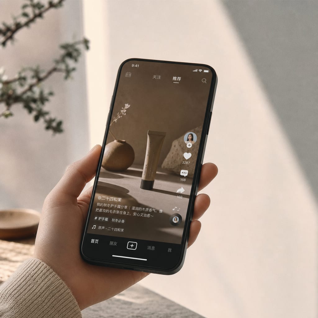 A vertical phone held in soft window light, the screen filled with a Douyin For You video of a styled product scene in warm tones, the right-side icon rail and bottom navigation bar visible.