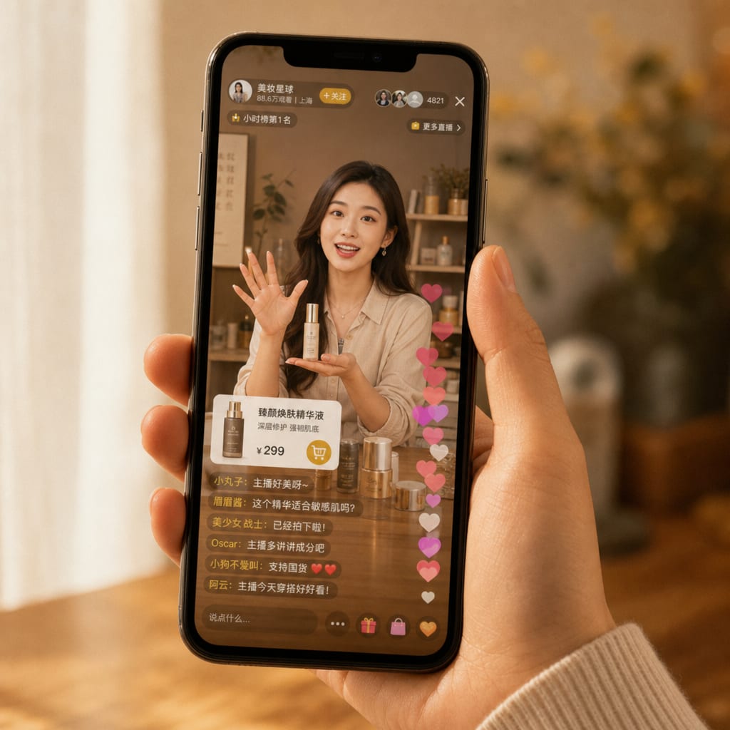 A phone held vertically showing a Douyin Shop livestream, a host gesturing toward a product, floating heart animations rising up the frame and a pinned product card with a shopping cart icon.