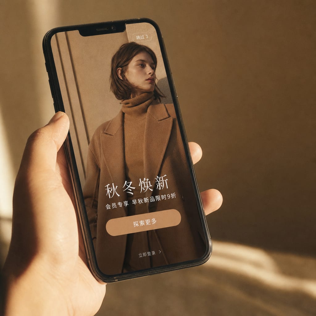A phone screen showing a full-screen Douyin TopView ad at app open, a paused fashion frame with a call-to-action button visible in the lower interface.