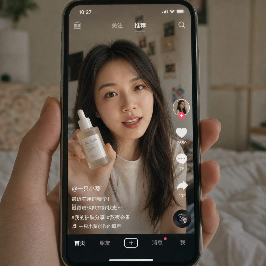 A phone screen showing a vertical Douyin video of a creator holding a product to camera in a sunlit bedroom, the caption overlay and the like-comment-share rail visible in the interface.