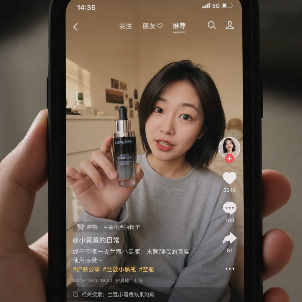 A phone screen showing a vertical Douyin video of a creator filming a product review in a sunlit room, the For You icon rail and the caption overlay visible in the interface.