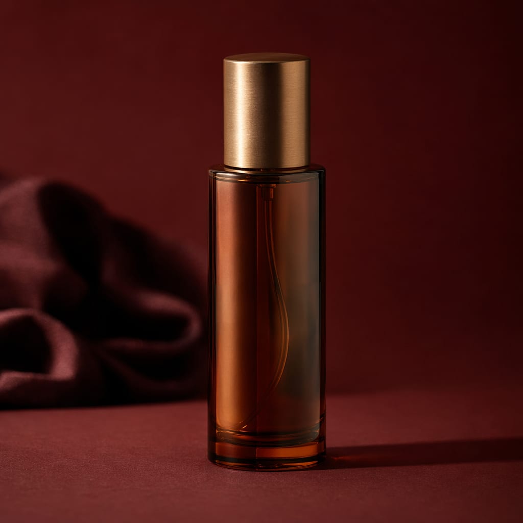 A tall amber glass fragrance bottle with a brushed gold cap on a deep burgundy seamless backdrop.