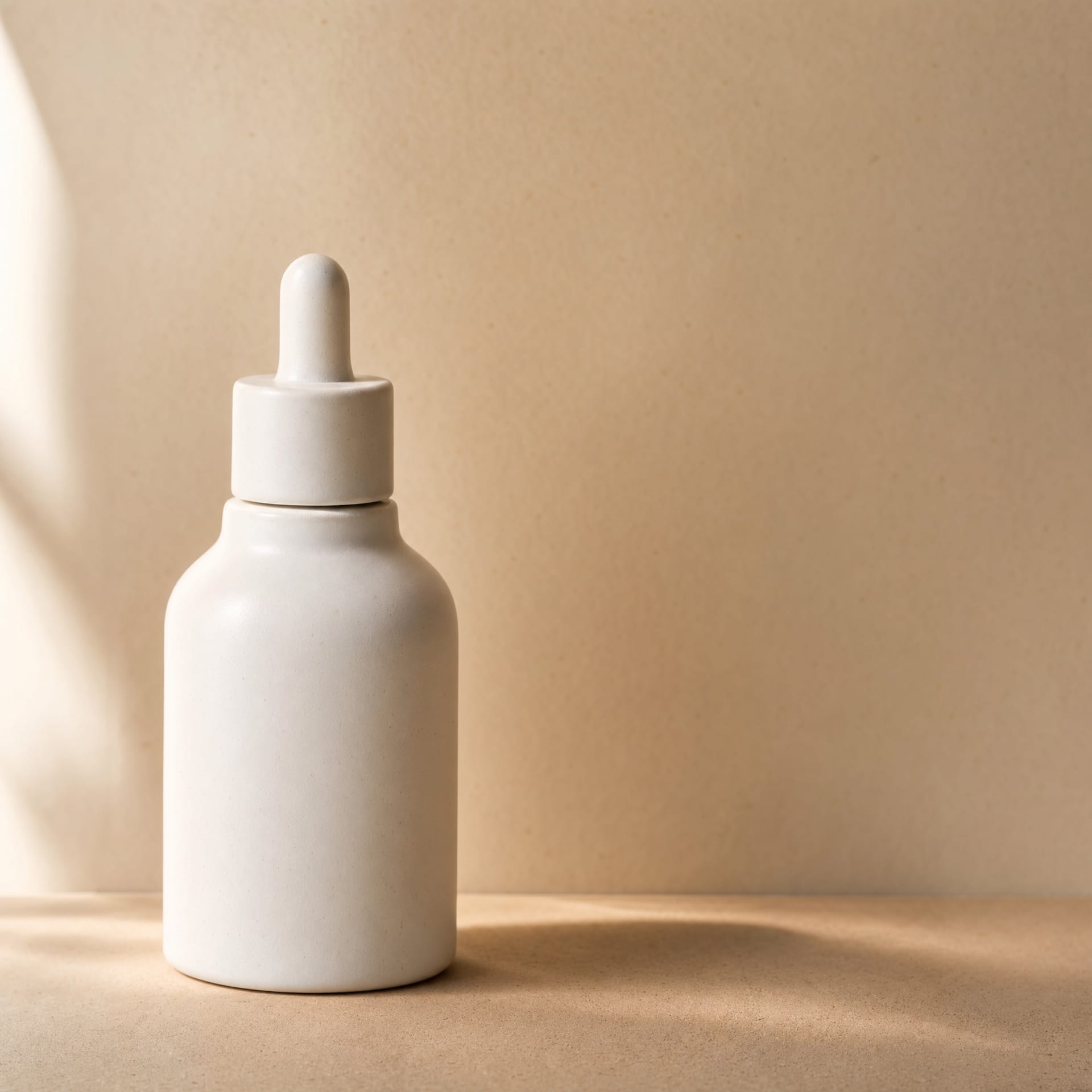 A single matte white ceramic skincare bottle on a soft warm beige paper backdrop.