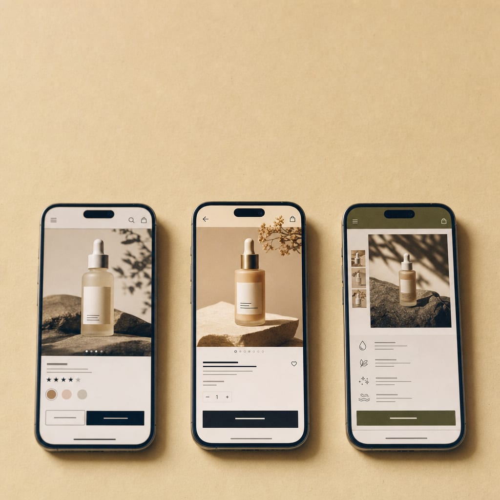 Three smartphones laid in a row, each showing a different mobile product detail page, an example of marketplace listing work.