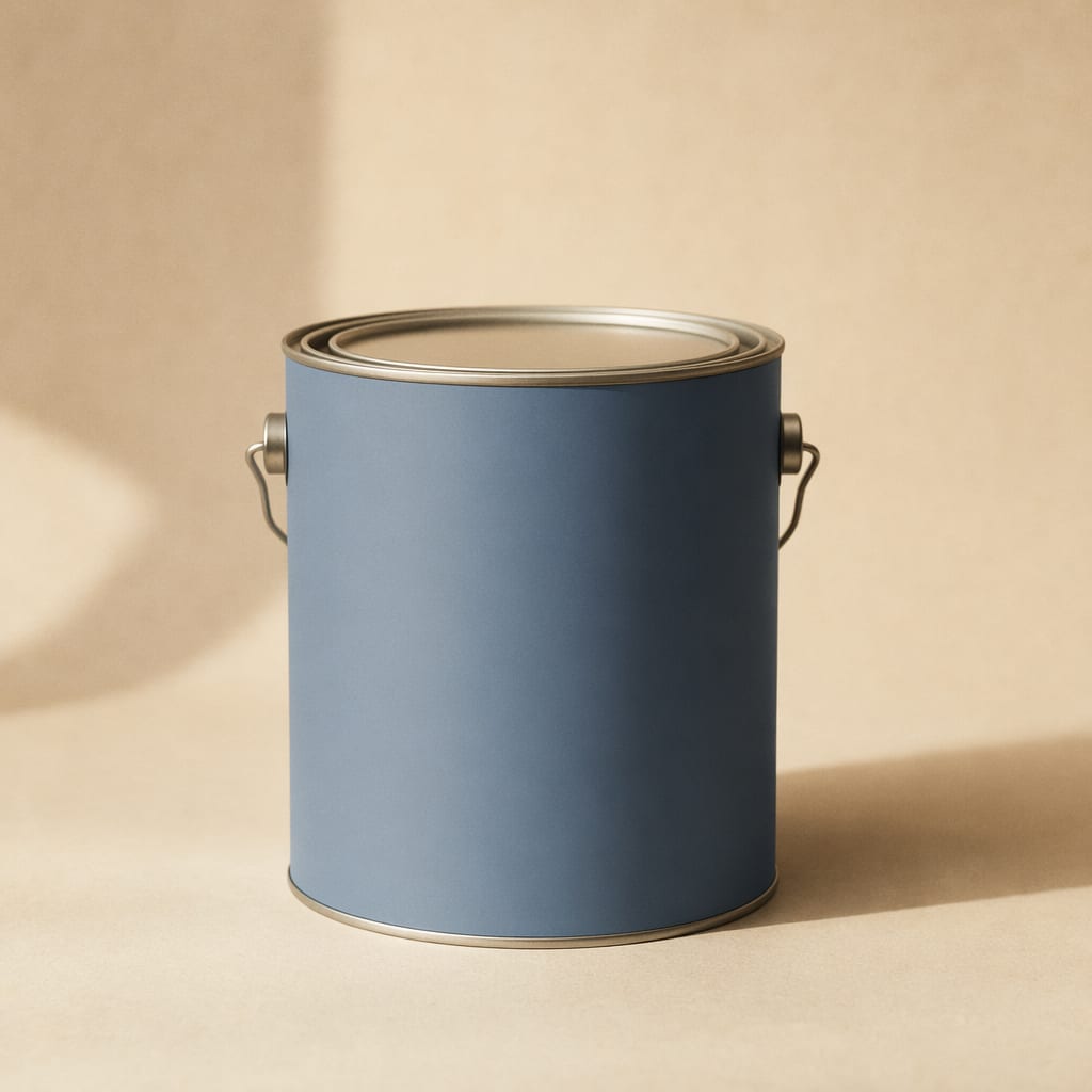 A matte cylindrical paint can in dusty blue on a warm beige paper background, an FMCG retail listing image.